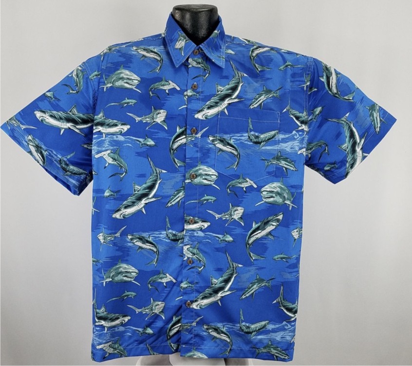 Shark Hawaiian shirt- Made in USA- 100% Cotton